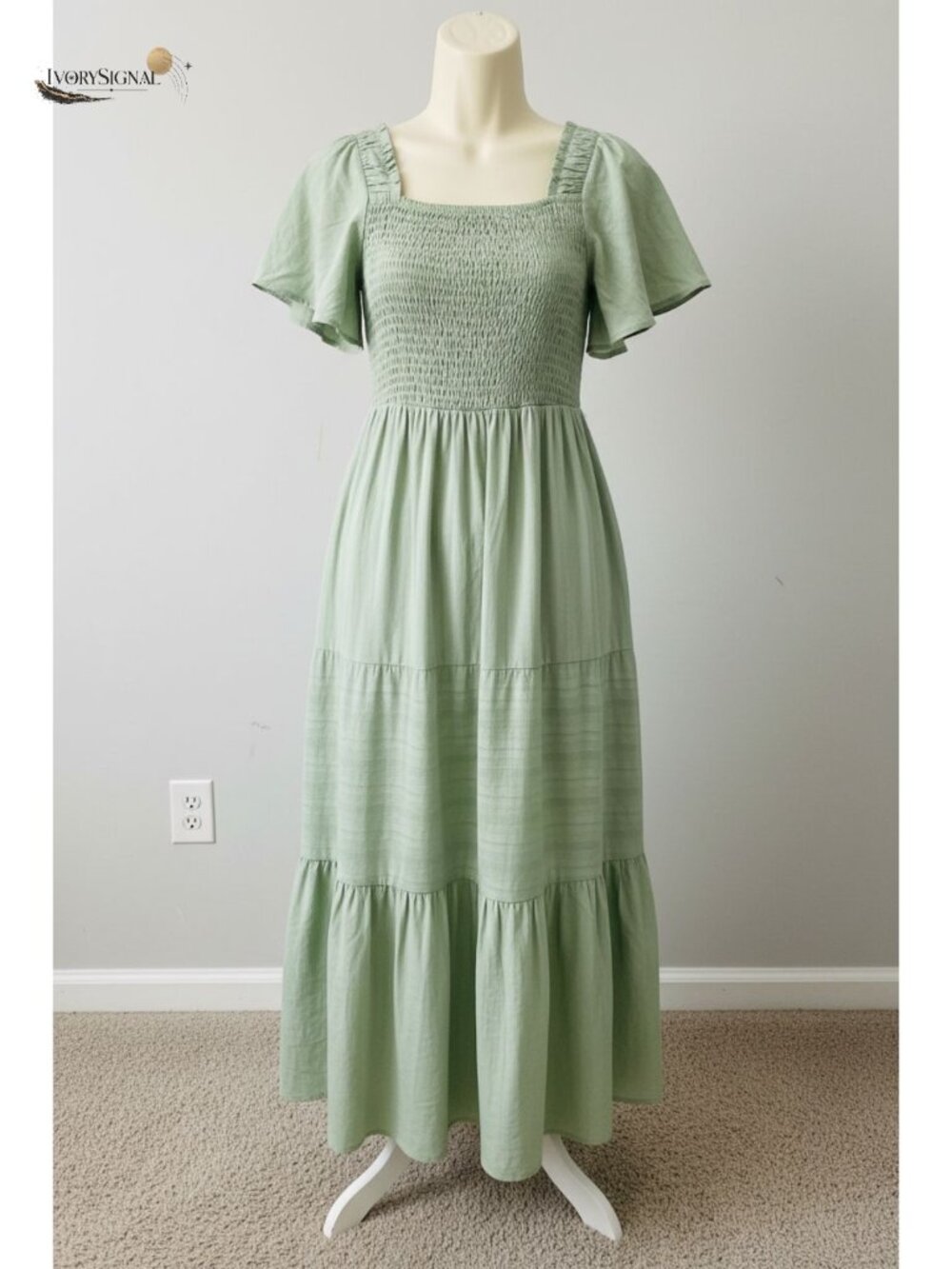 Women's Summer Midi Dress Square Neck Flutter Sleeve Smocked Boho A-Line